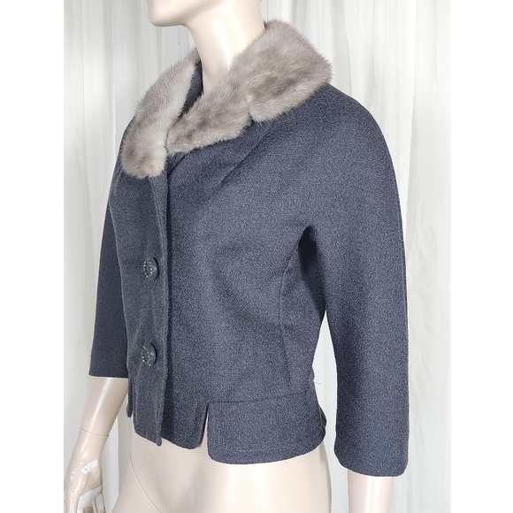 Vtg 60s grey wool mink collar crop boxy blazer suit jacket M-L - Picture 3 of 10